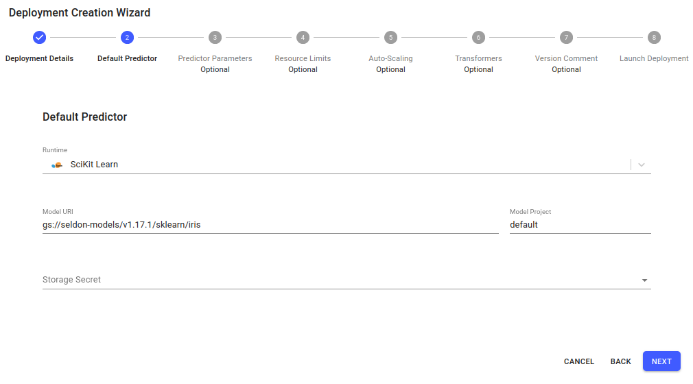 deployment creation wizard - default predictor