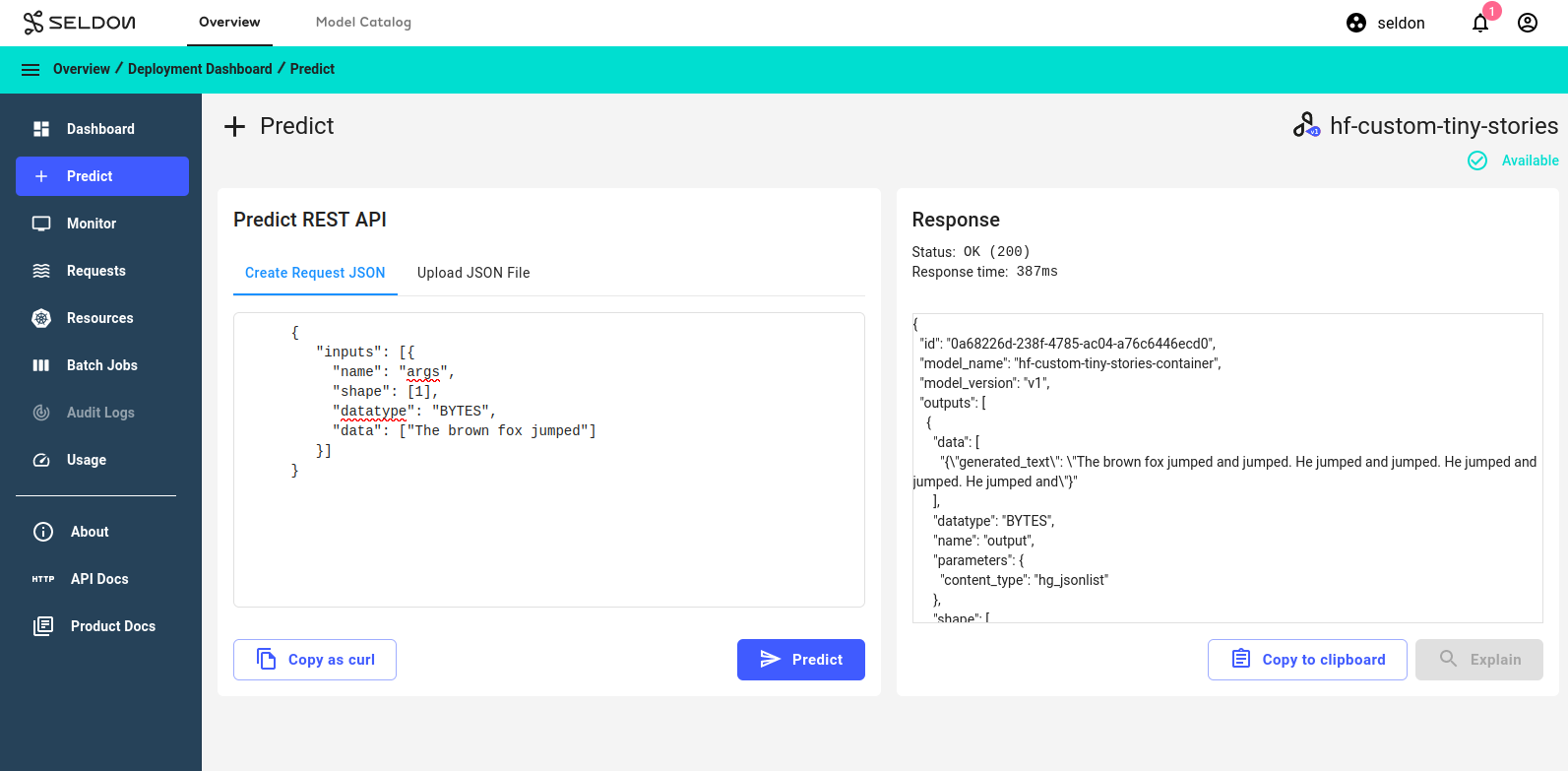 A screenshot showing the Predict page with the textarea prepopulated and the result of the prediction